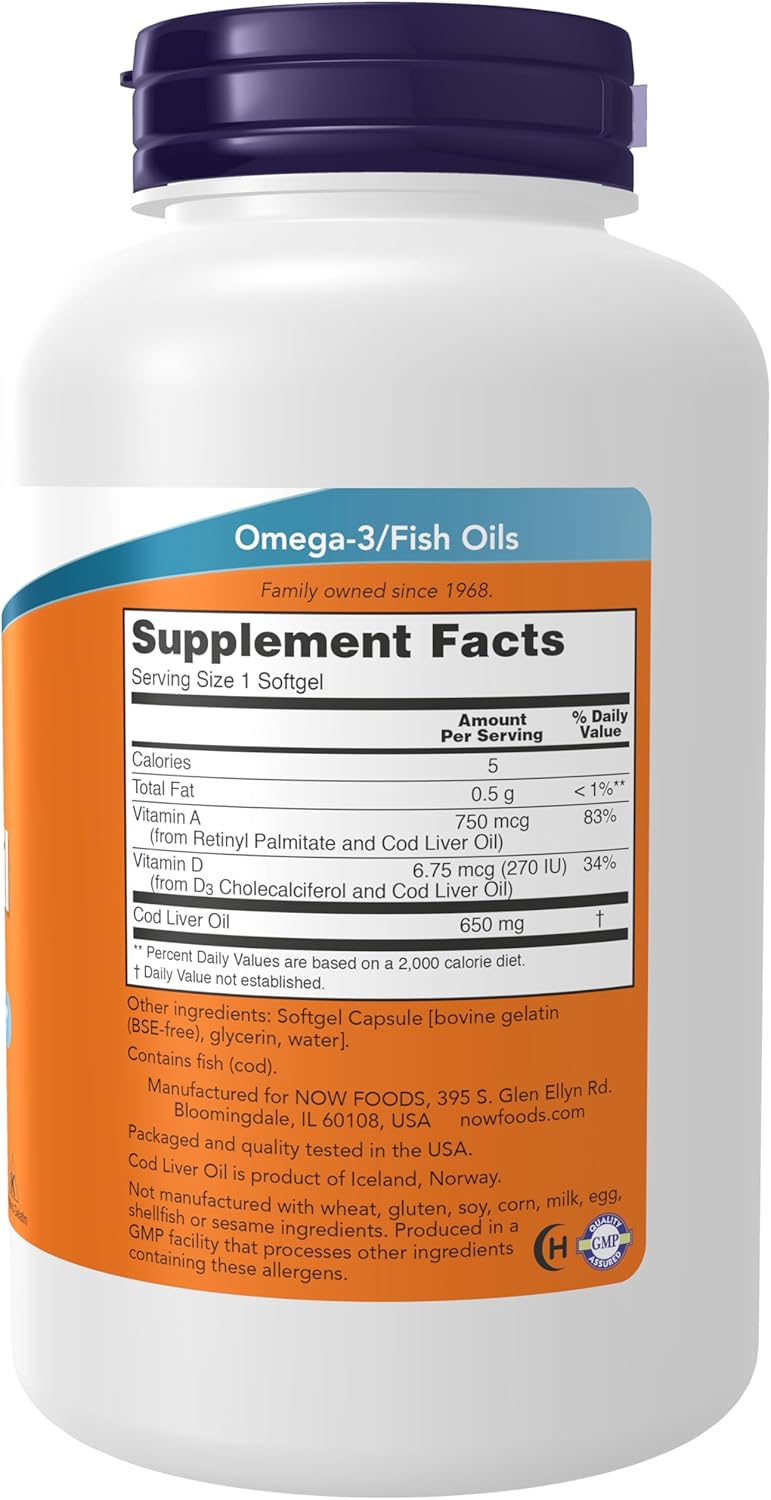 NOW Foods Cod Liver Oil supplement facts label showing vitamins A and D3 percentages