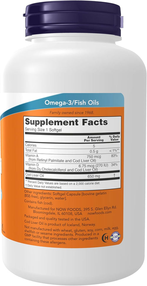NOW Foods Cod Liver Oil supplement facts label showing vitamins A and D3 percentages
