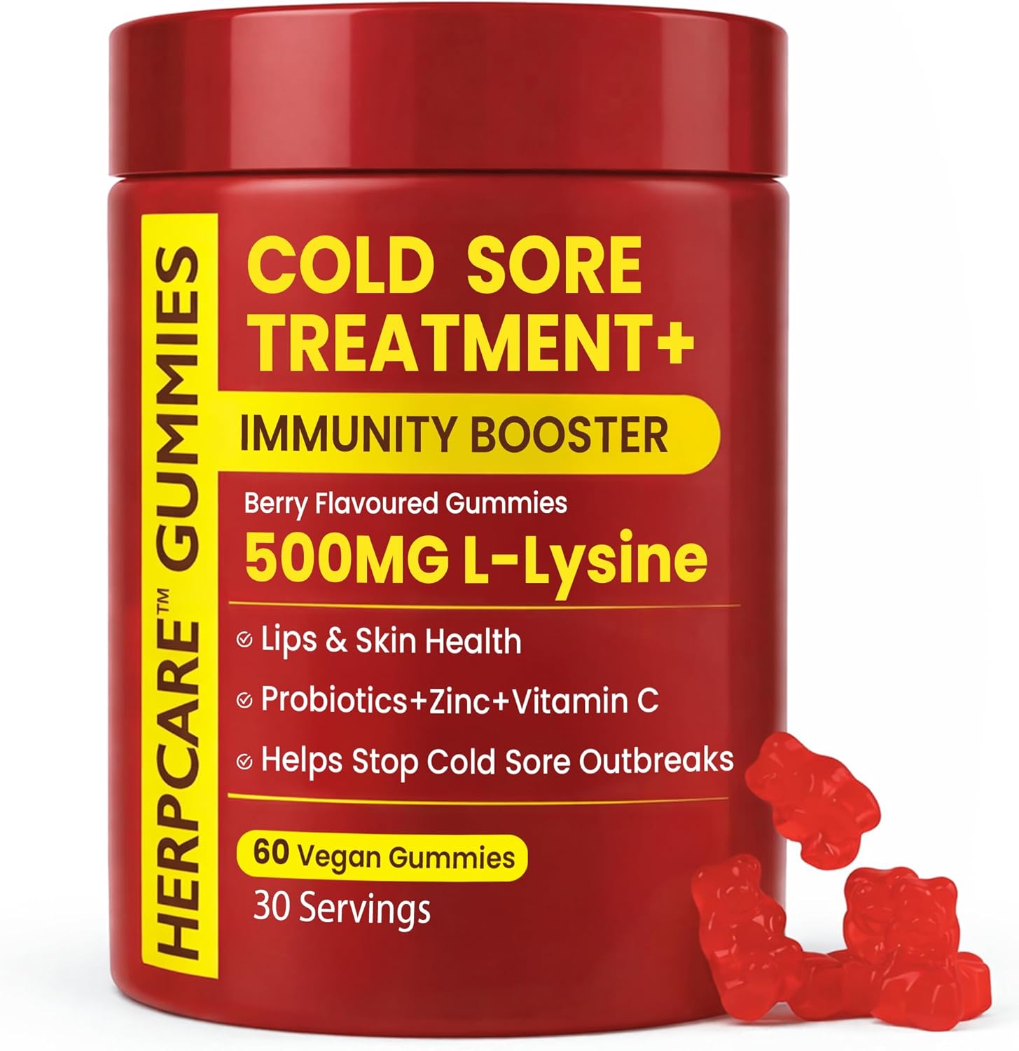 Terramed Just Think Comfort Cold Sore Treatment front view bottle showcasing 60 berry flavored vegan gummies.