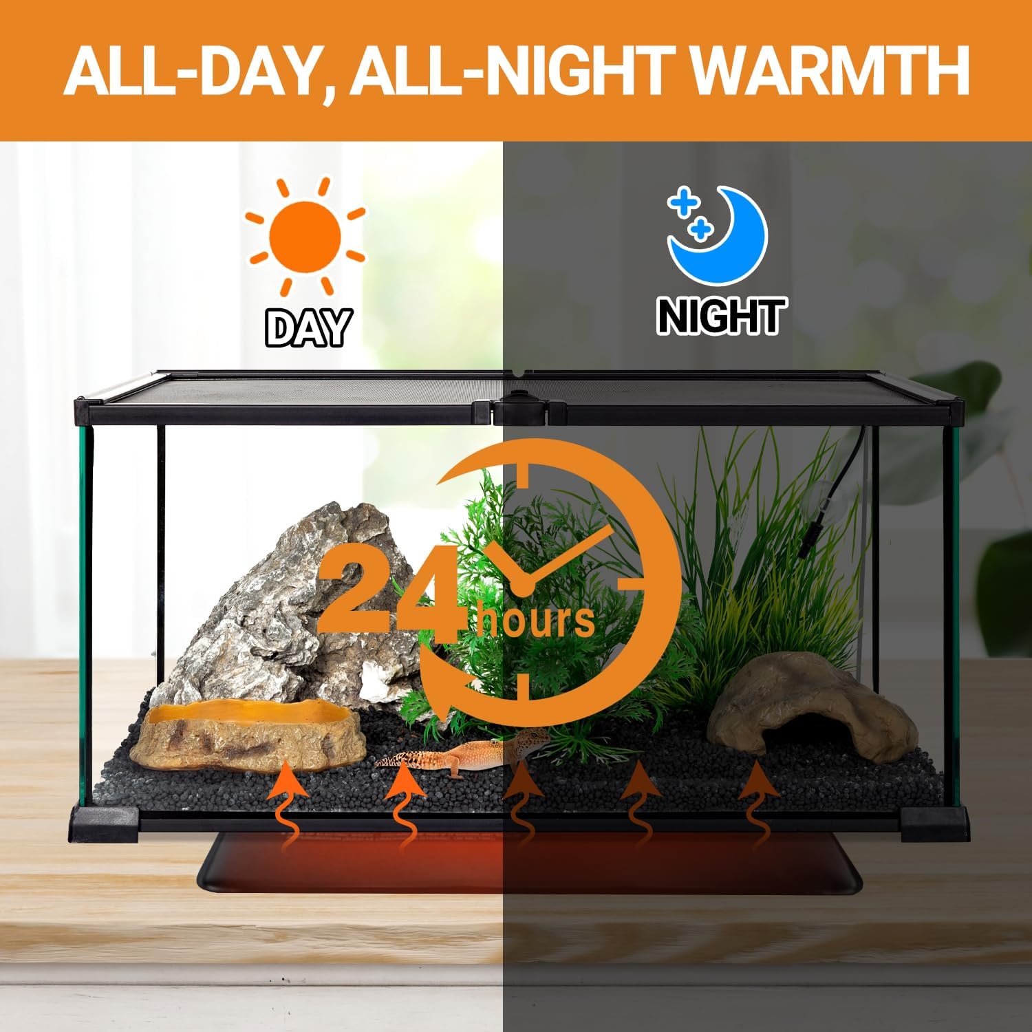 Side view placement of the WACOOL TERRA 24W mat on a reptile vivarium.