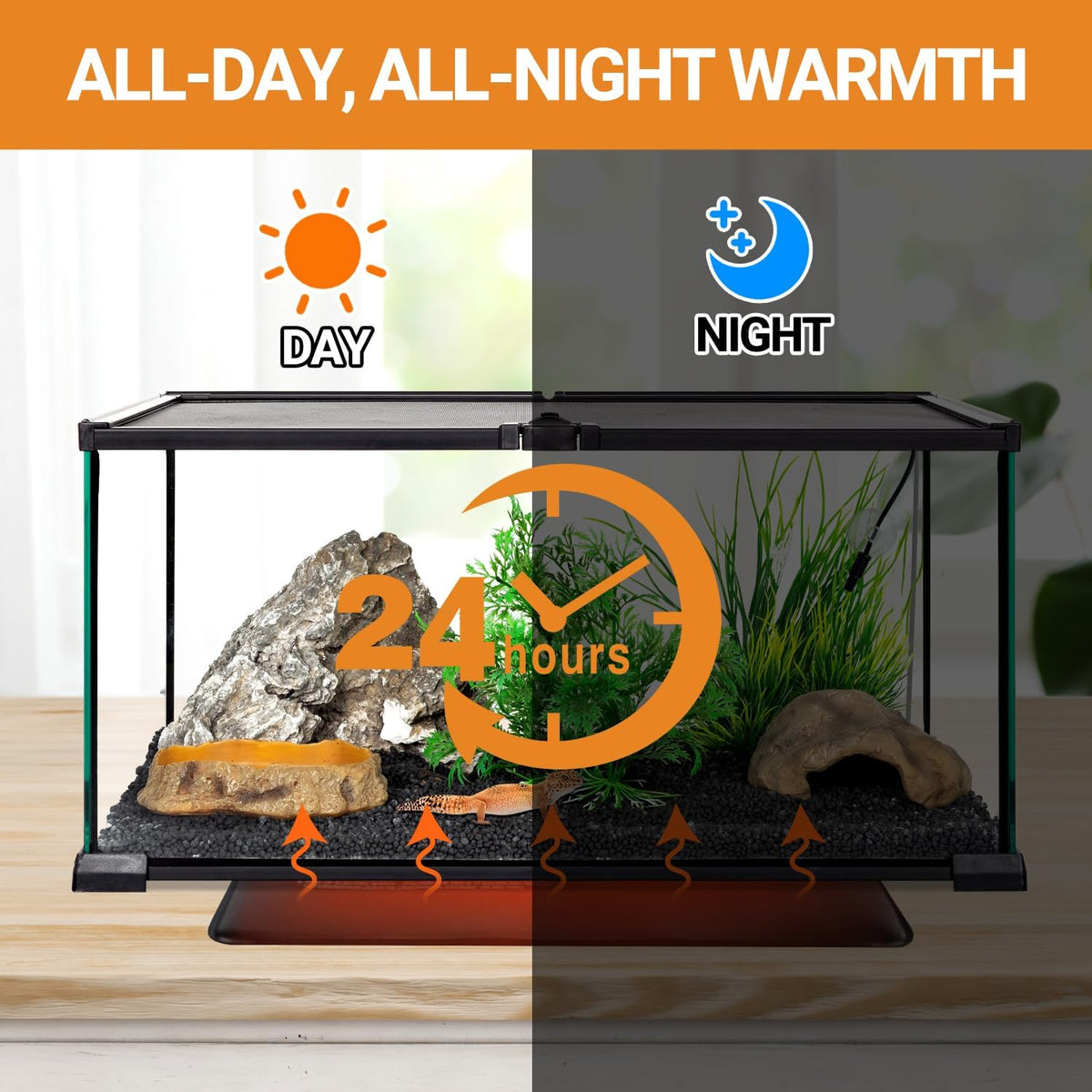 Side view placement of the WACOOL TERRA 24W mat on a reptile vivarium.