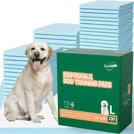 IMMCUTE Large Puppy Pee Pads 100 Count front package view showing absorbent multi layer technology.