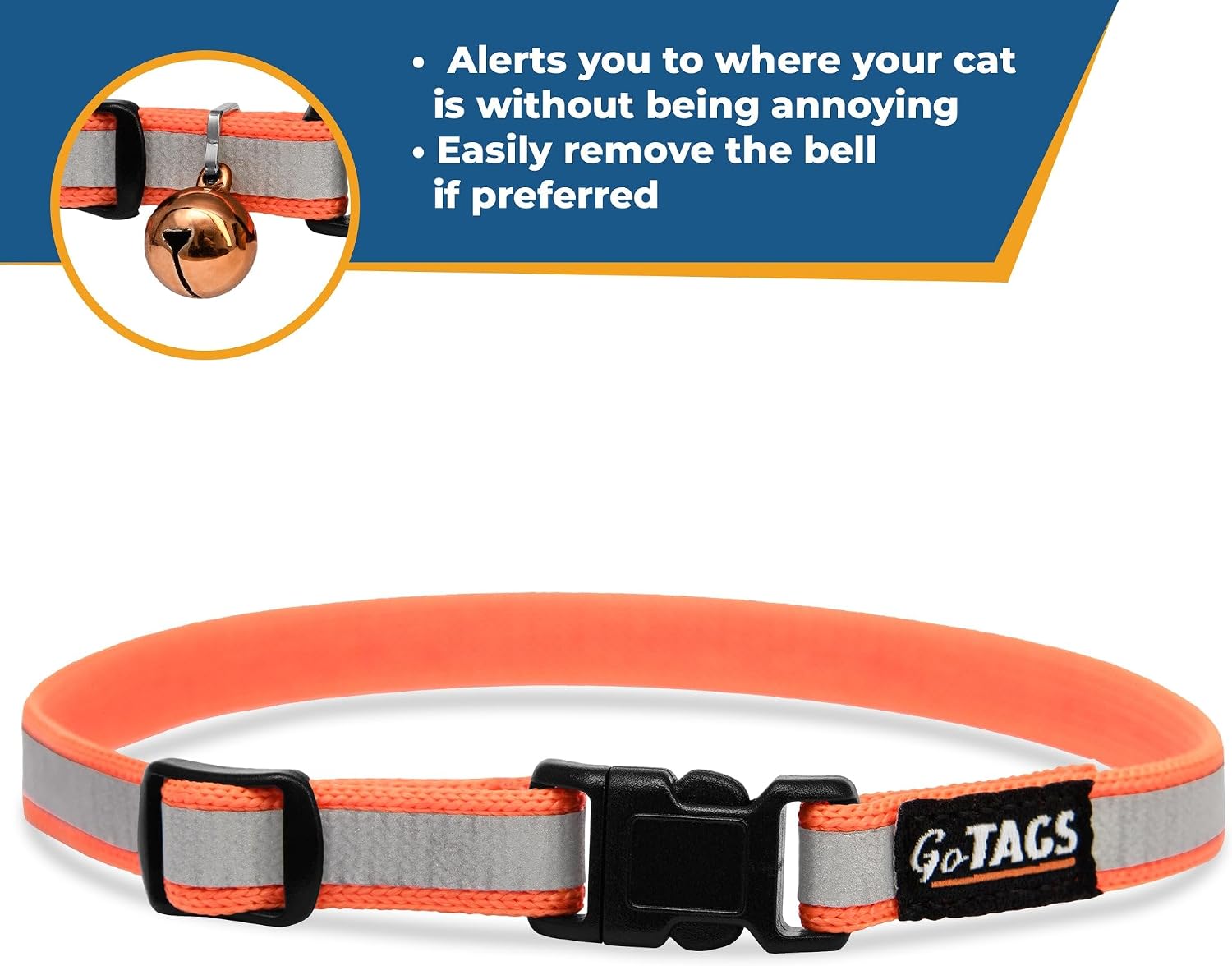 GoTags breakaway cat collar adjusting loop showing sizing range from eight to twelve inches