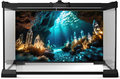Riivvdise fish tank wallpaper side angle view featuring glowing sunlight rays on cave rocks.