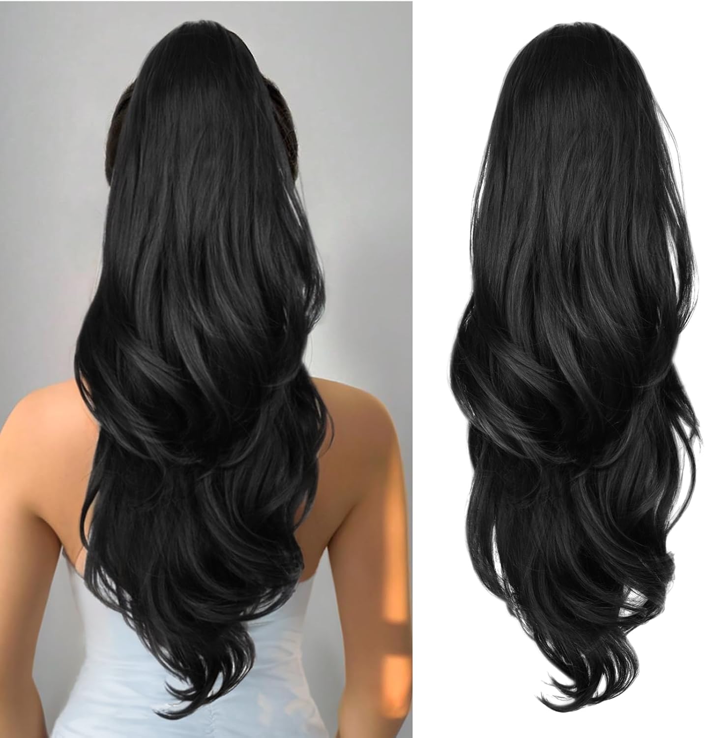 MSMUSAS drawstring ponytail extension front view showing long black wavy layers.