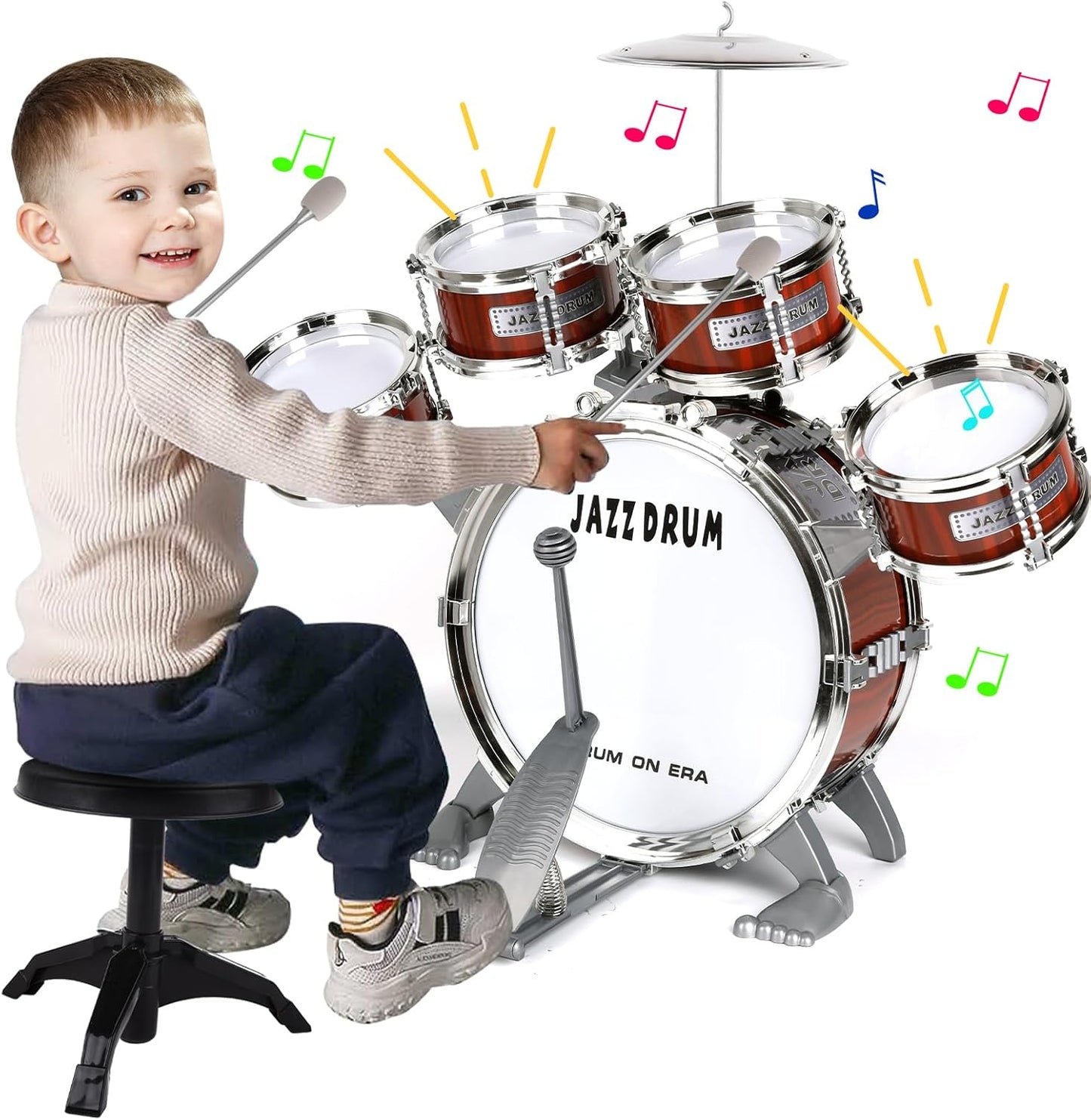 OoneWiser kids drum set authentic front view of the complete nine piece toddler musical kit.