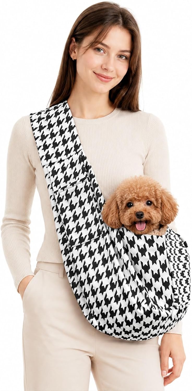 Dog Sling Carrier for Small Dogs and Cats 5-16 lbs, Puppy Carrier Sling with Safety Hook and Storage Pocket, Hands Free Pet Carrier Purse for Travel, Walking, Shopping (Ebony Check) - Image 13