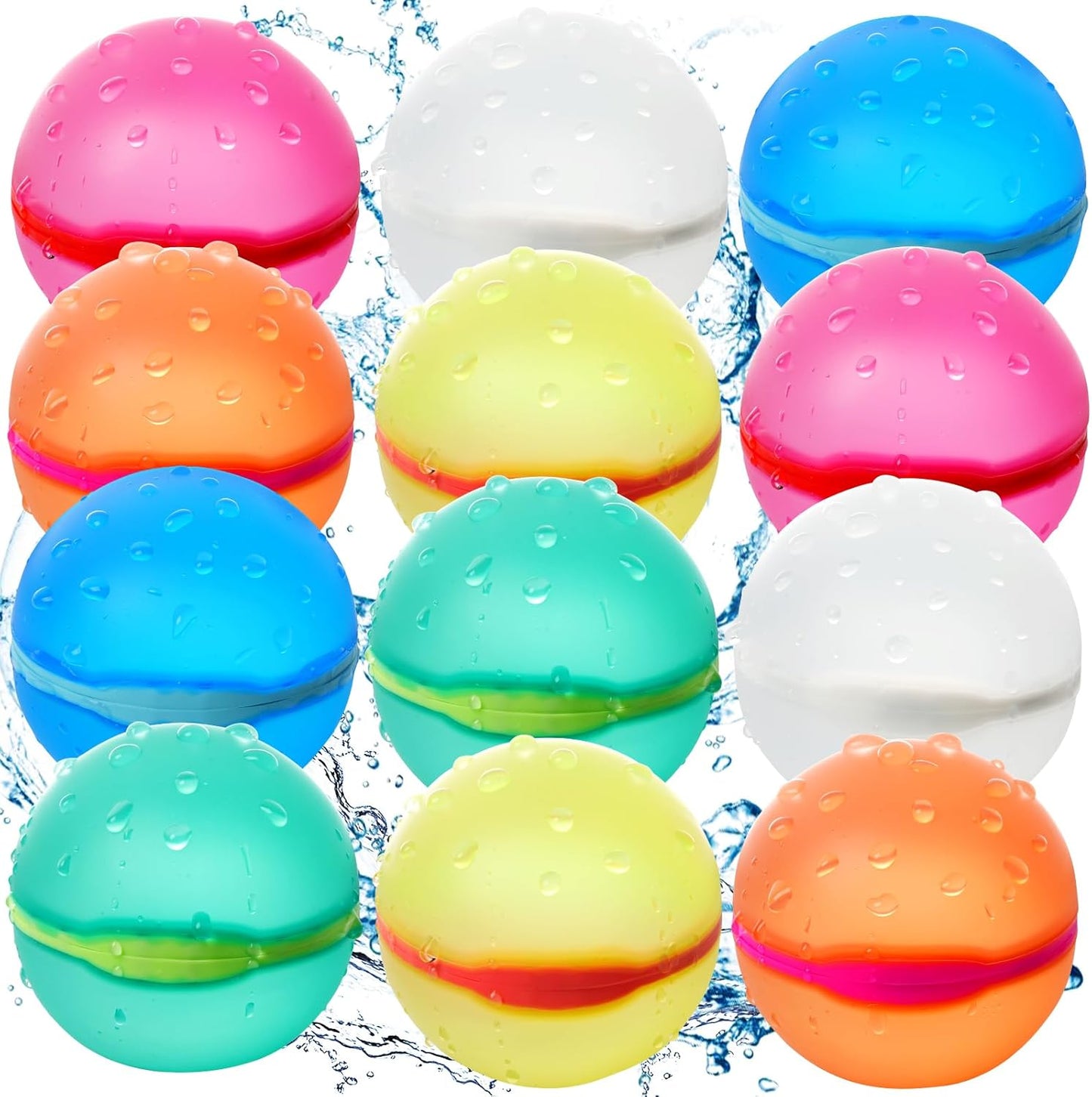 XCRJYXU reusable water balloons twelve piece set front view showing vibrant multicolored magnetic silicone water bombs.