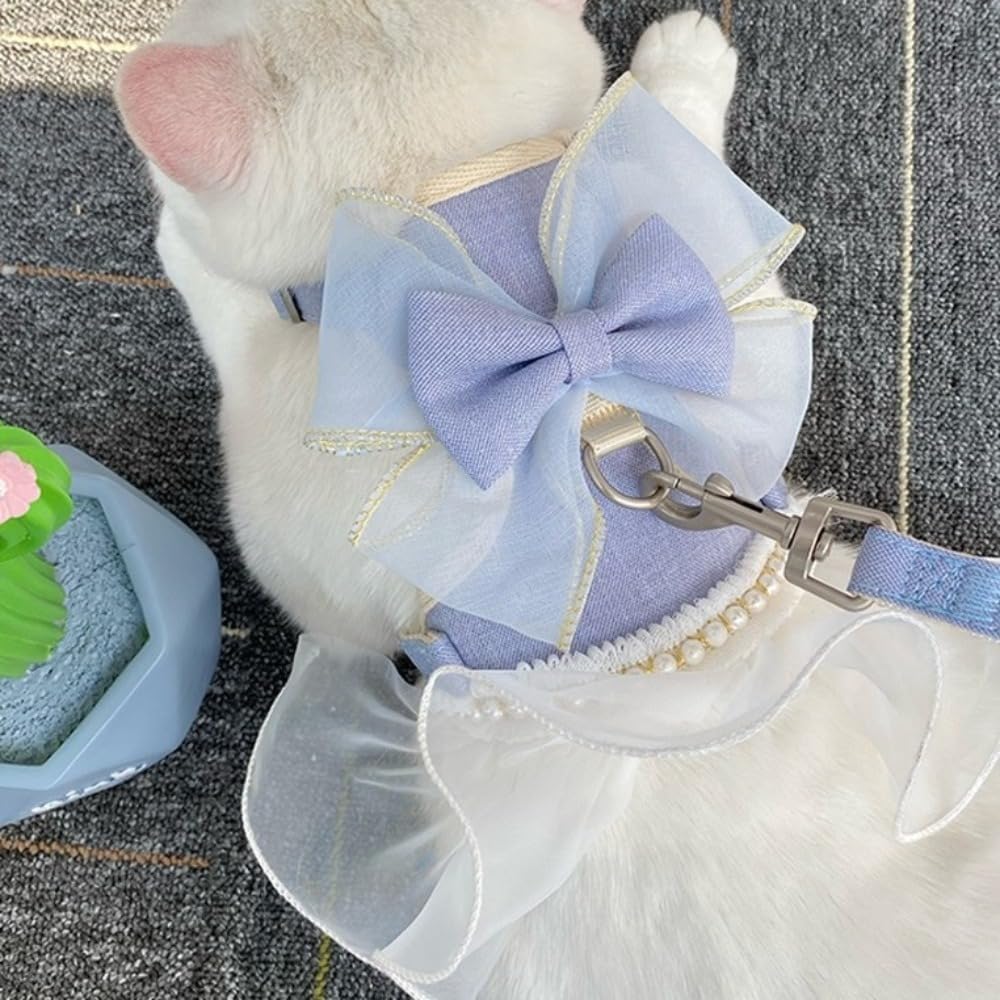 Side view of nylon cat vest harness with leash