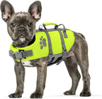 Queenmore Small Dog Life Jacket front view showing neon green color and safety handle.