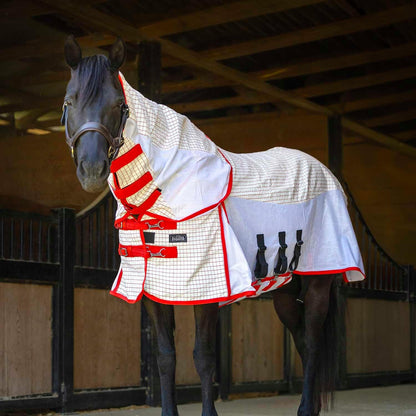 Breathable mesh panels on the side of a white horse sheet.