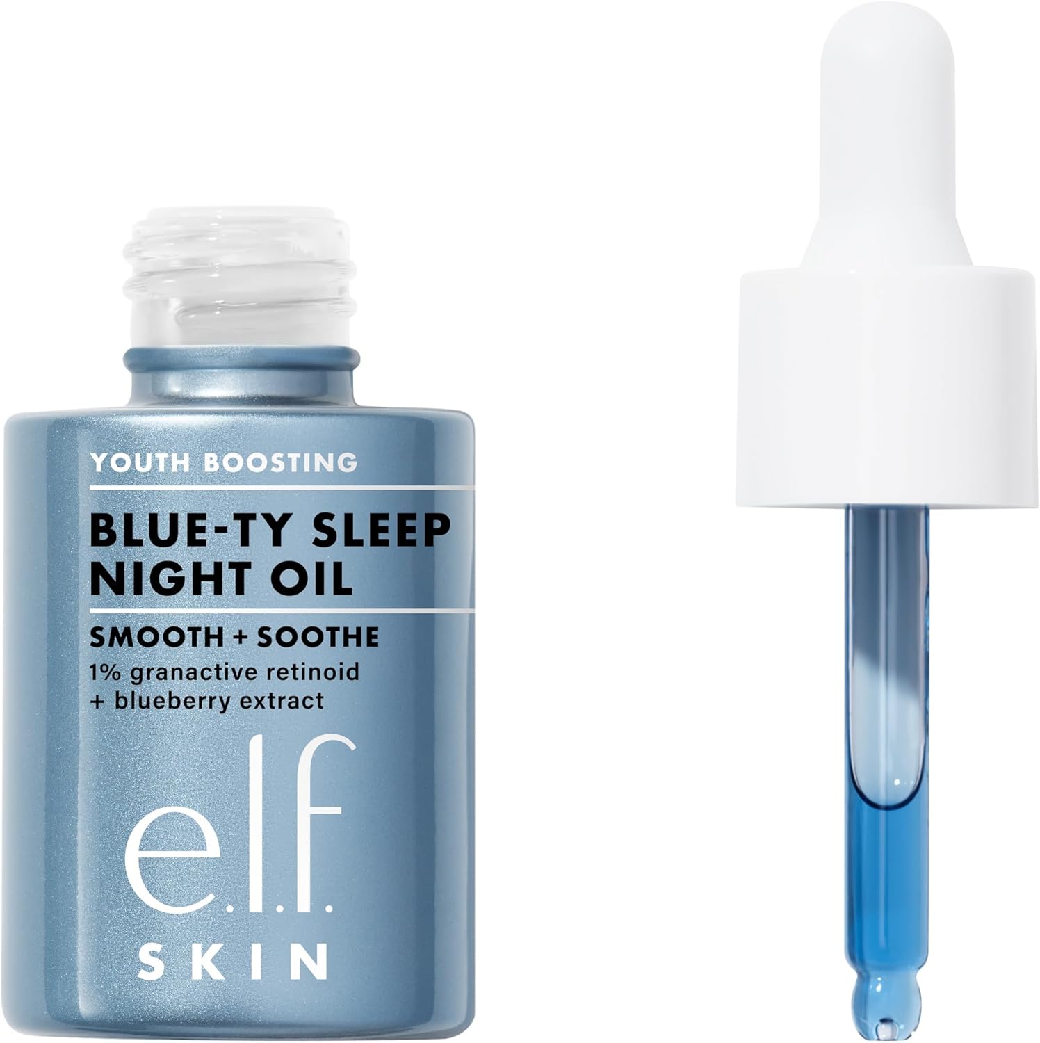 e.l.f. SKIN Youth Boosting Blue-ty Sleep Night Oil in a blue glass bottle for overnight care