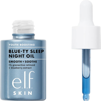 e.l.f. SKIN Youth Boosting Blue-ty Sleep Night Oil in a blue glass bottle for overnight care