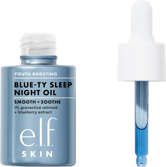 e.l.f. SKIN Youth Boosting Blue-ty Sleep Night Oil in a blue glass bottle for overnight care