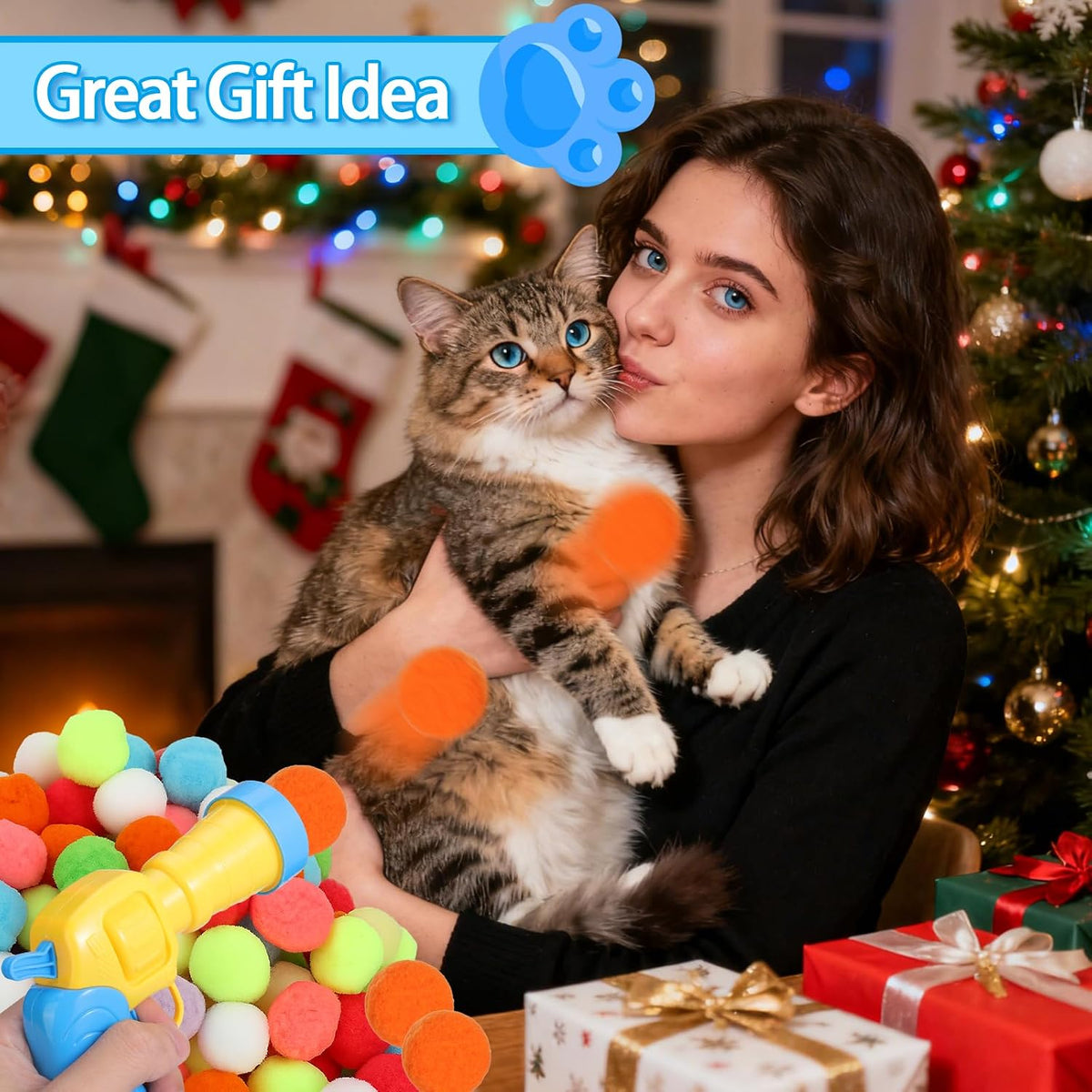 Cat chasing a launched pom pom ball indoors
