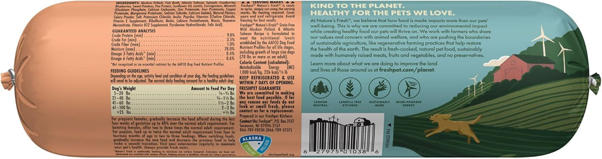 Freshpet grain-free wild Alaskan Pollock and salmon dog food packaging