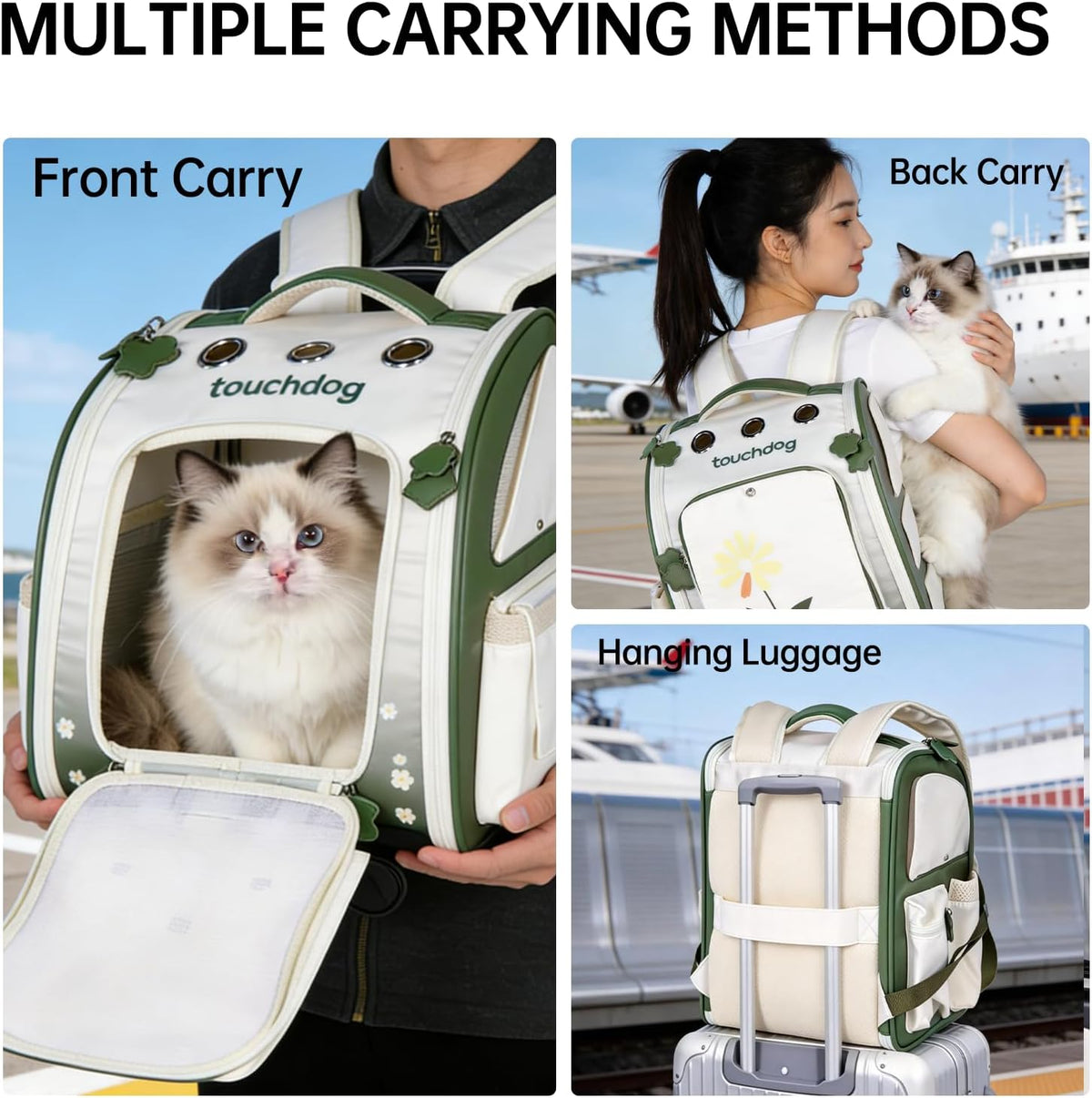 Touchdog water resistant dog backpack carrier resting upright on a flat surface to demonstrate base stability.