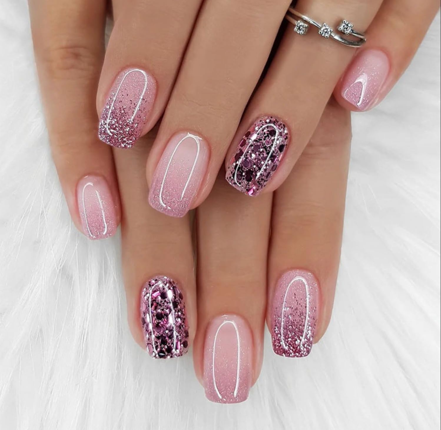 Curvlife pink diamond press on nails with short acrylic fake nails design