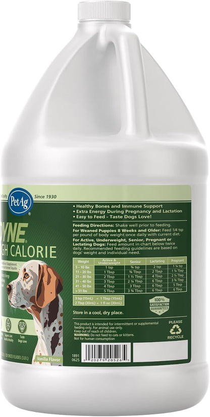 Back label of PetAg Dyne liquid showing feeding instructions