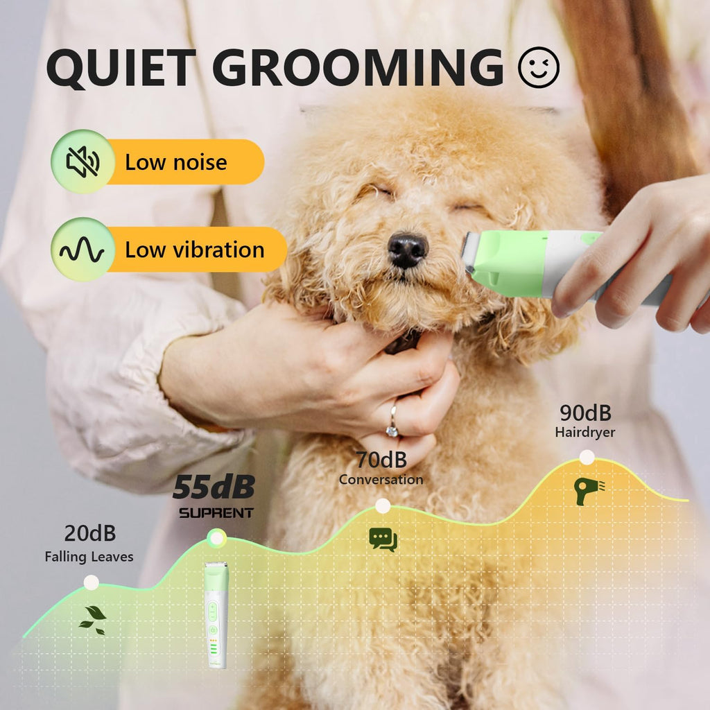 Cordless pet hair clippers with digital battery display showing interchangeable grooming heads.