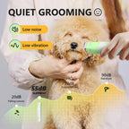 Cordless pet hair clippers with digital battery display showing interchangeable grooming heads.