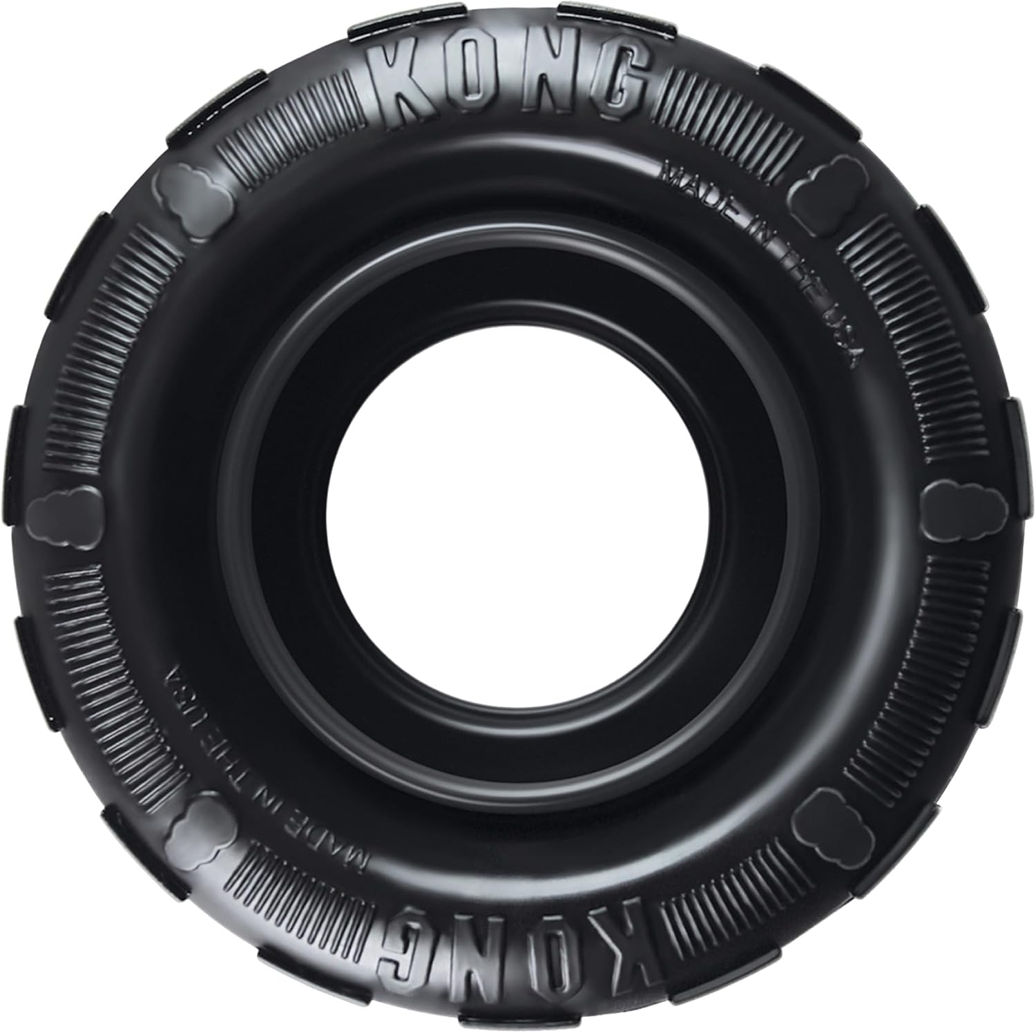 KONG Extreme Tires front view of durable black rubber dog chew toy.