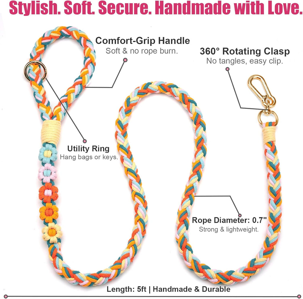 Stylish rainbow mix boho floral pet walking leash laid out on neutral background