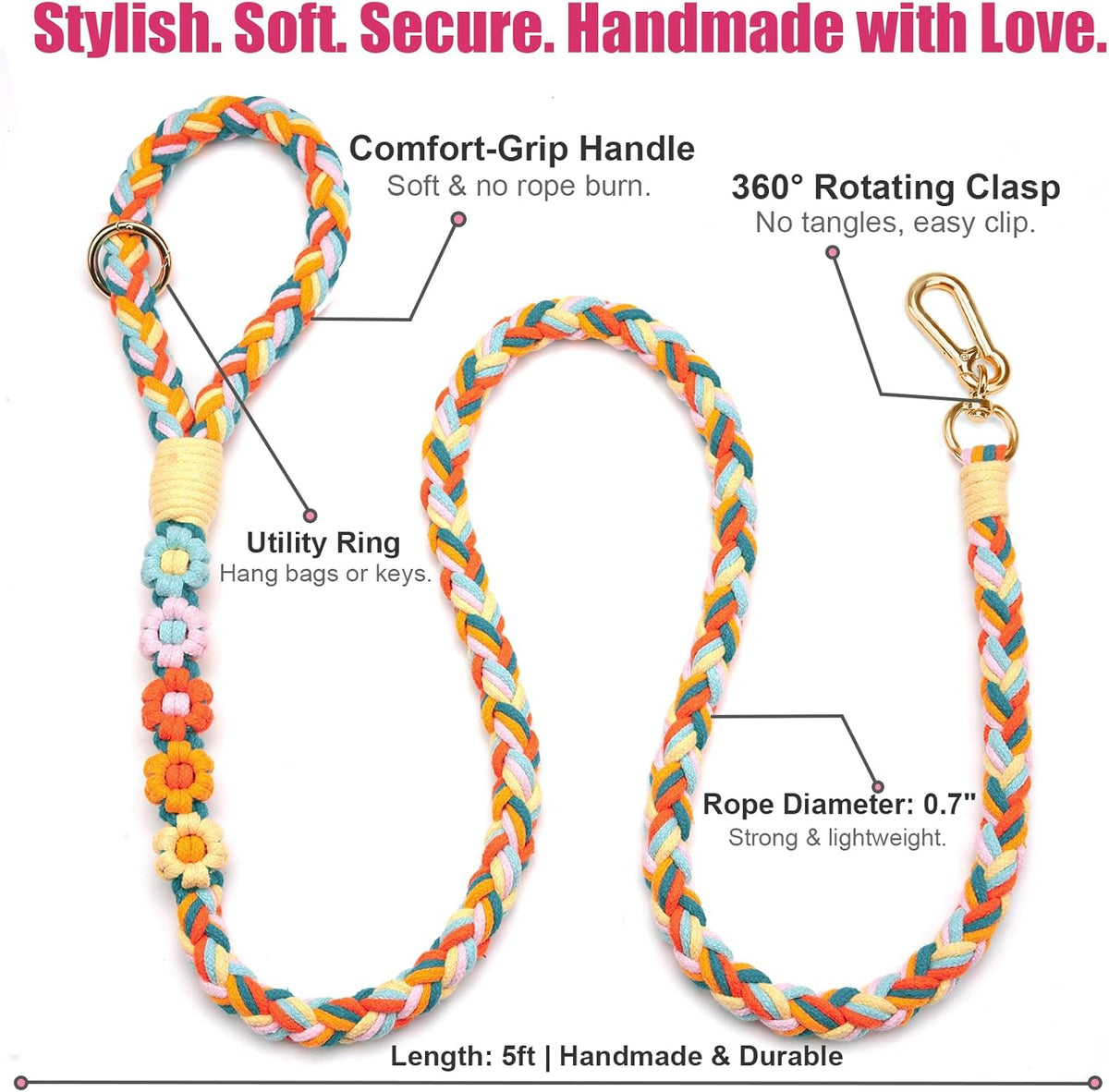 Stylish rainbow mix boho floral pet walking leash laid out on neutral background