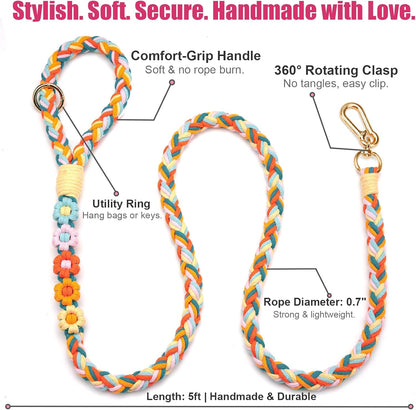 Stylish rainbow mix boho floral pet walking leash laid out on neutral background