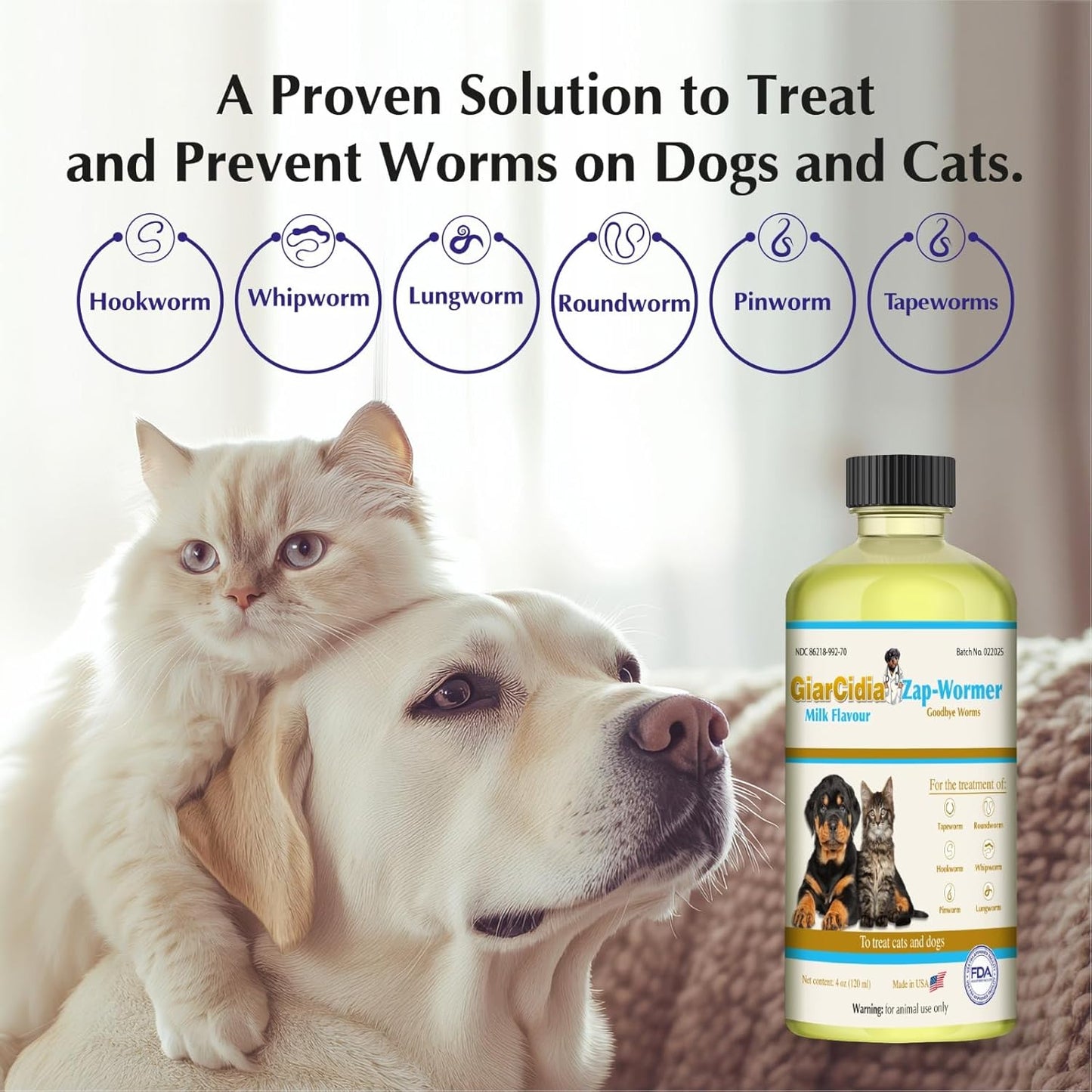 Broad spectrum liquid dog and cat dewormer bottle with dropper