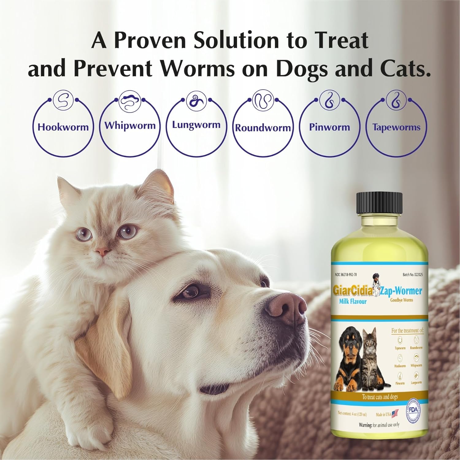Broad spectrum liquid dog and cat dewormer bottle with dropper