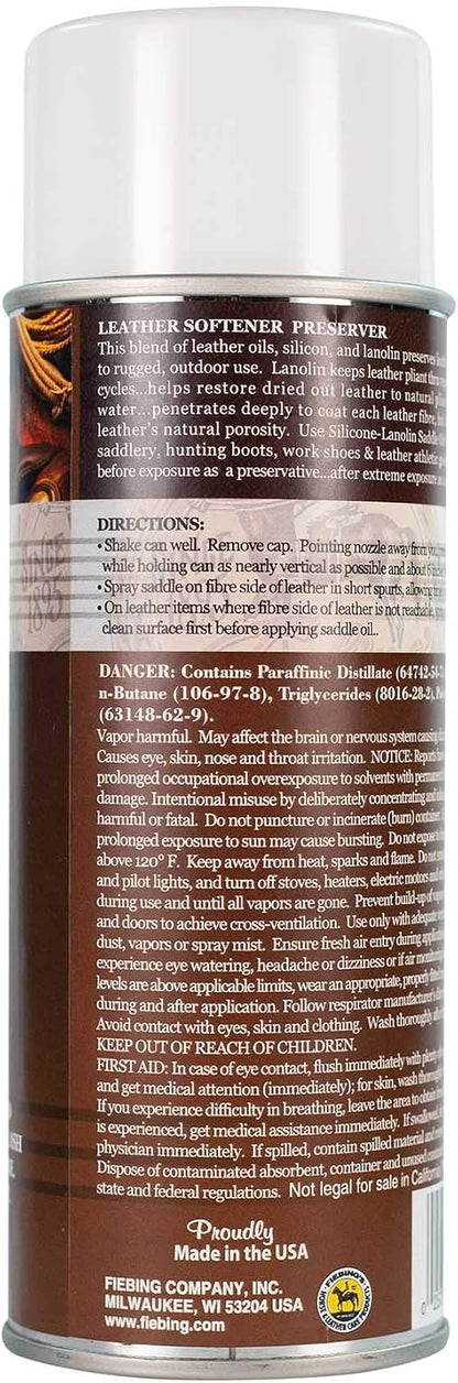 Authentic Fiebing's aerosol leather preservative and water repellent spray canister details