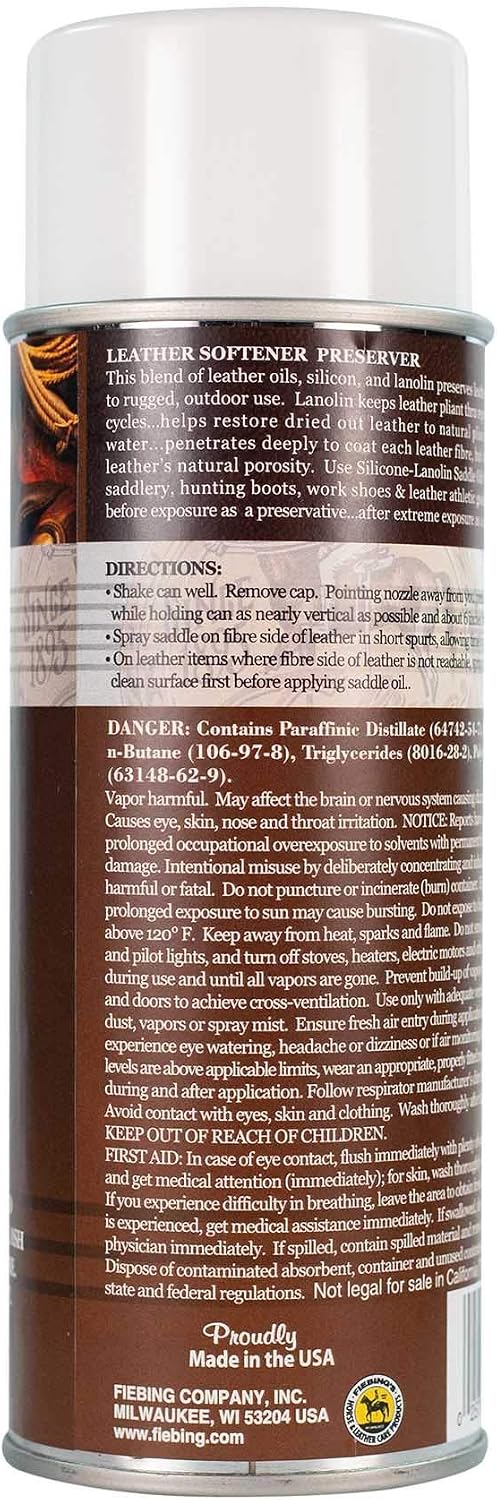 Authentic Fiebing's aerosol leather preservative and water repellent spray canister details