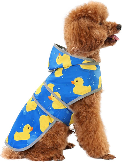 Generic waterproof dog raincoat front view on a small puppy