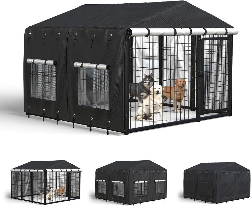 UV resistant large animal kennel cover installed on wire frame