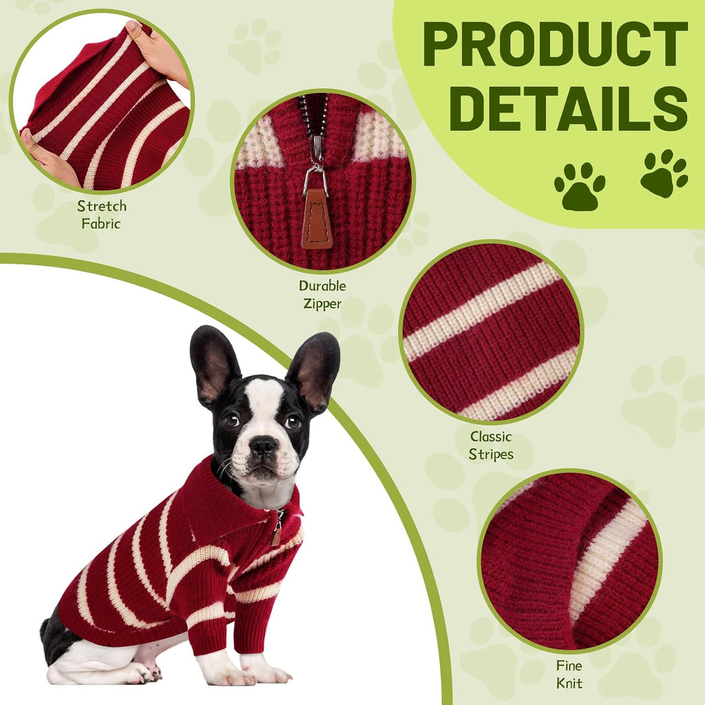 Striped winter pet apparel with zip up polo collar displayed flat