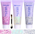 Angels Beauty body glitter face glitter gel front view showing three tubes