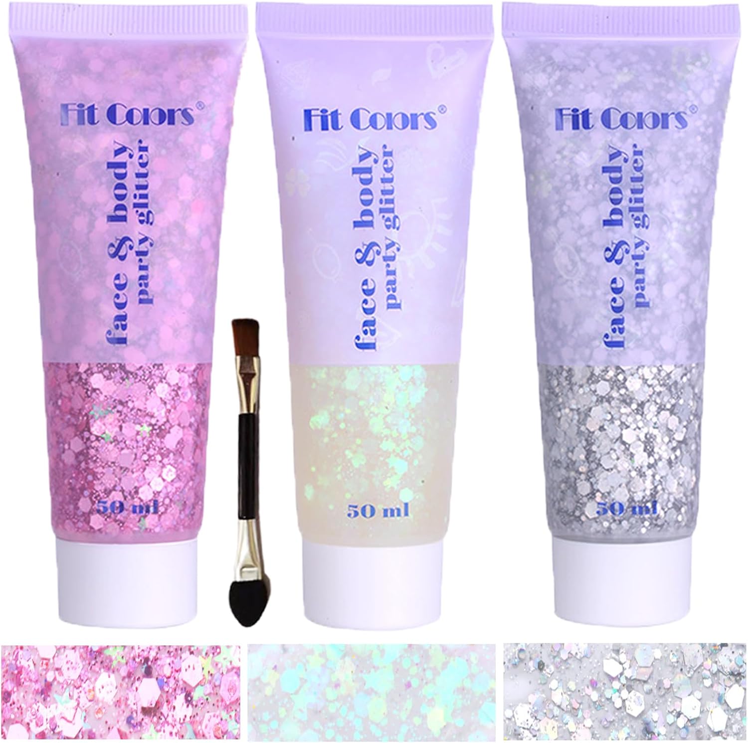 Angels Beauty face and body glitter gel three tube package front view
