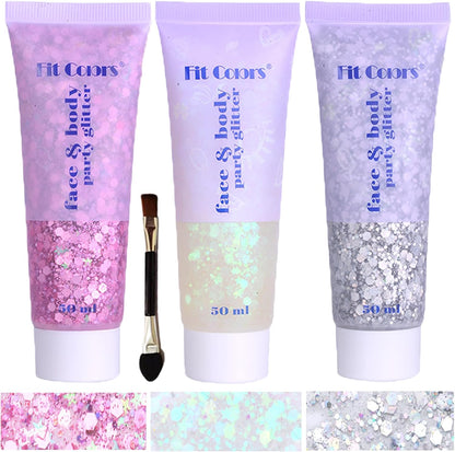 Angels Beauty face and body glitter gel three tube package front view