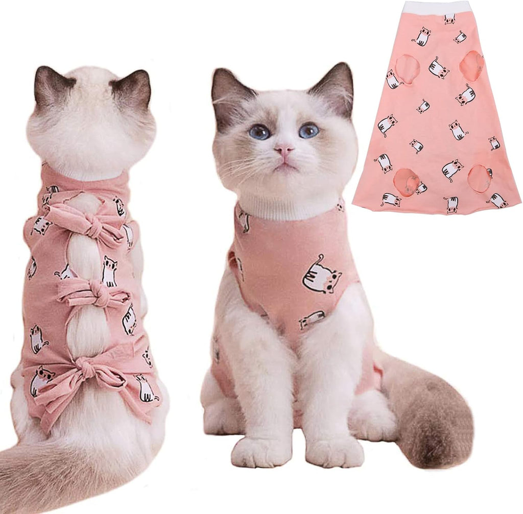 Pumyporeity cat recovery onesie front view pink extra small