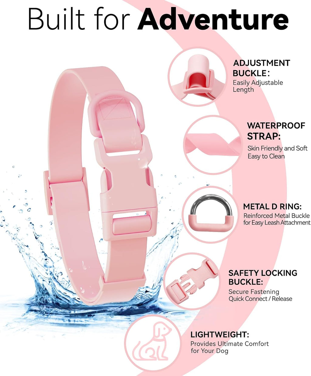 Aniyar pink odor resistant pet collar showing water droplets on surface
