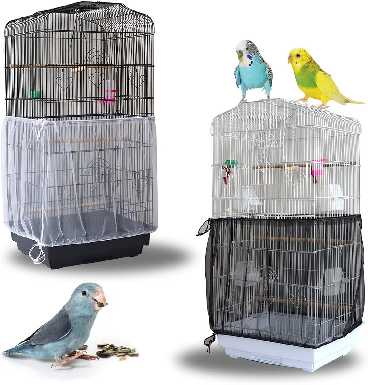 Daoeny 2Pcs Universal Bird Cage Cover, Adjustable Seed Feather Catcher, Soft Airy Nylon Mesh Parrot Net, Birdcage Cover Skirt Sheer Guard for Round Square Cages (Green+ Blue) - Image 9