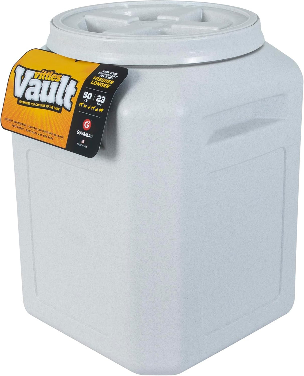 Gray BPA-free Vittles Vault container showing threaded lid seal