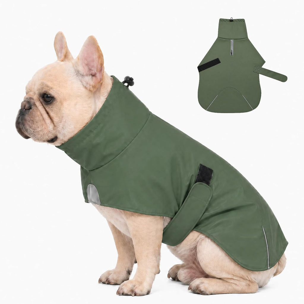 SKIPGEAR PU Dog Raincoat front view showcasing olive green waterproof vest on a small dog