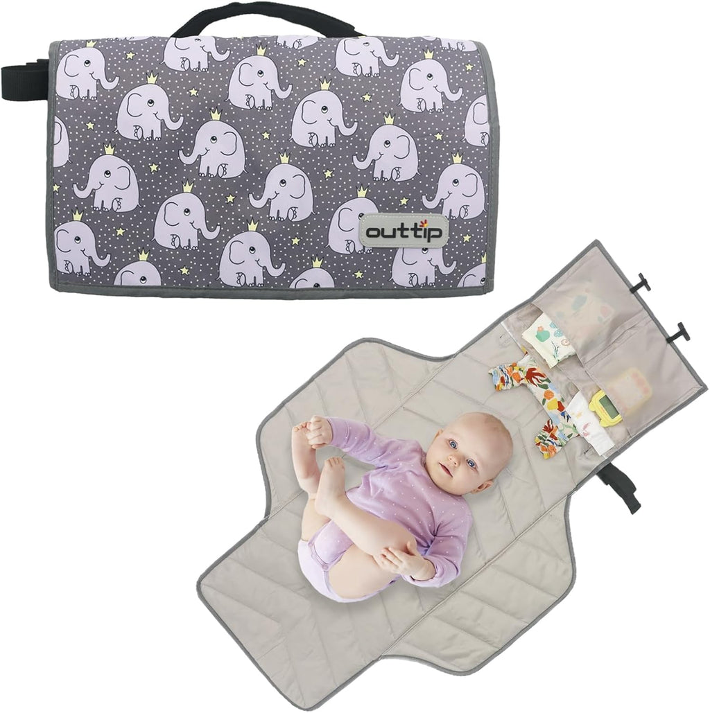 Outtip portable diaper changing mat front view featuring elephant print
