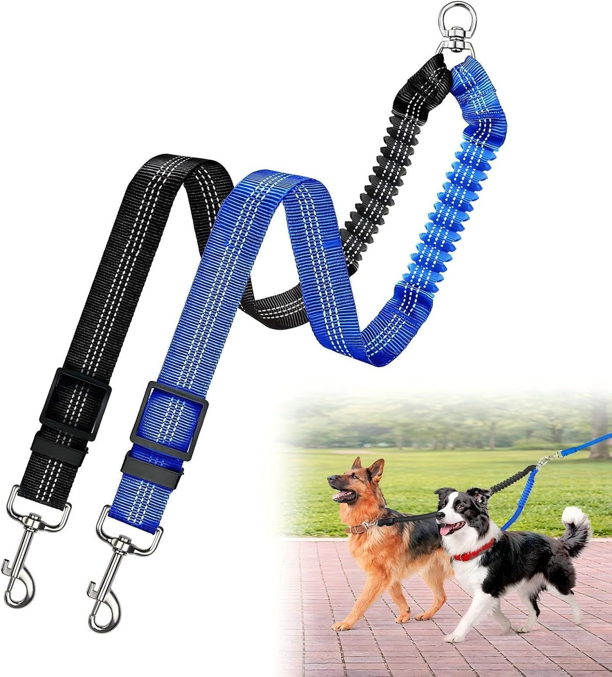 Double Dog Leash for Two Dogs, Professional No Tangle 360 degrees Swivel Coupler with Shock Absorbing Bungee, Adjustable Length Dual-Sided Reflective Two Dogs Lead Splitter for Small Medium Large Dog - Image 9