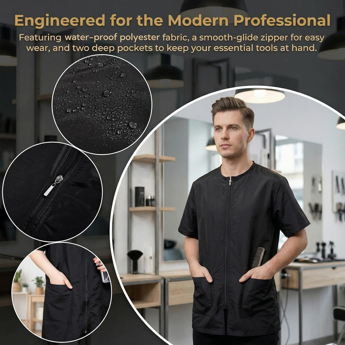 Close up of the anti static premium polyester material on the Pumtus barber uniform