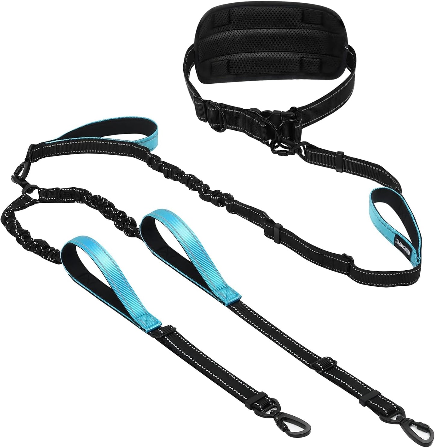 PawistaPal heavy duty hands free double dog leash in neon green front view showcasing the wide padded waist belt.
