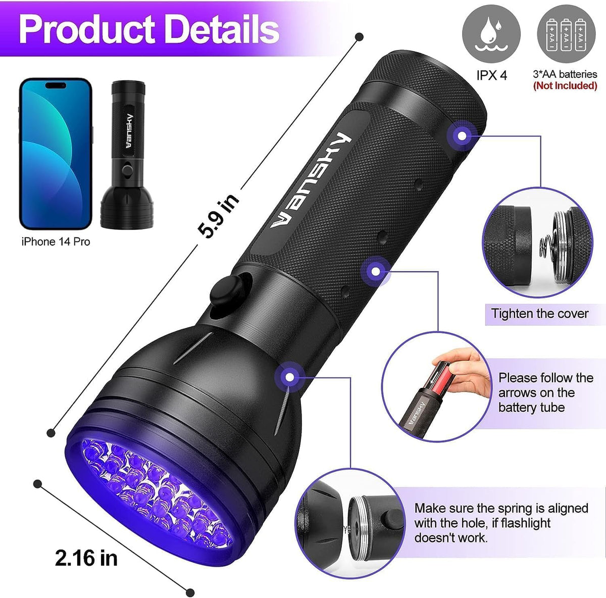 Vansky portable black light pet stain locator for travel use