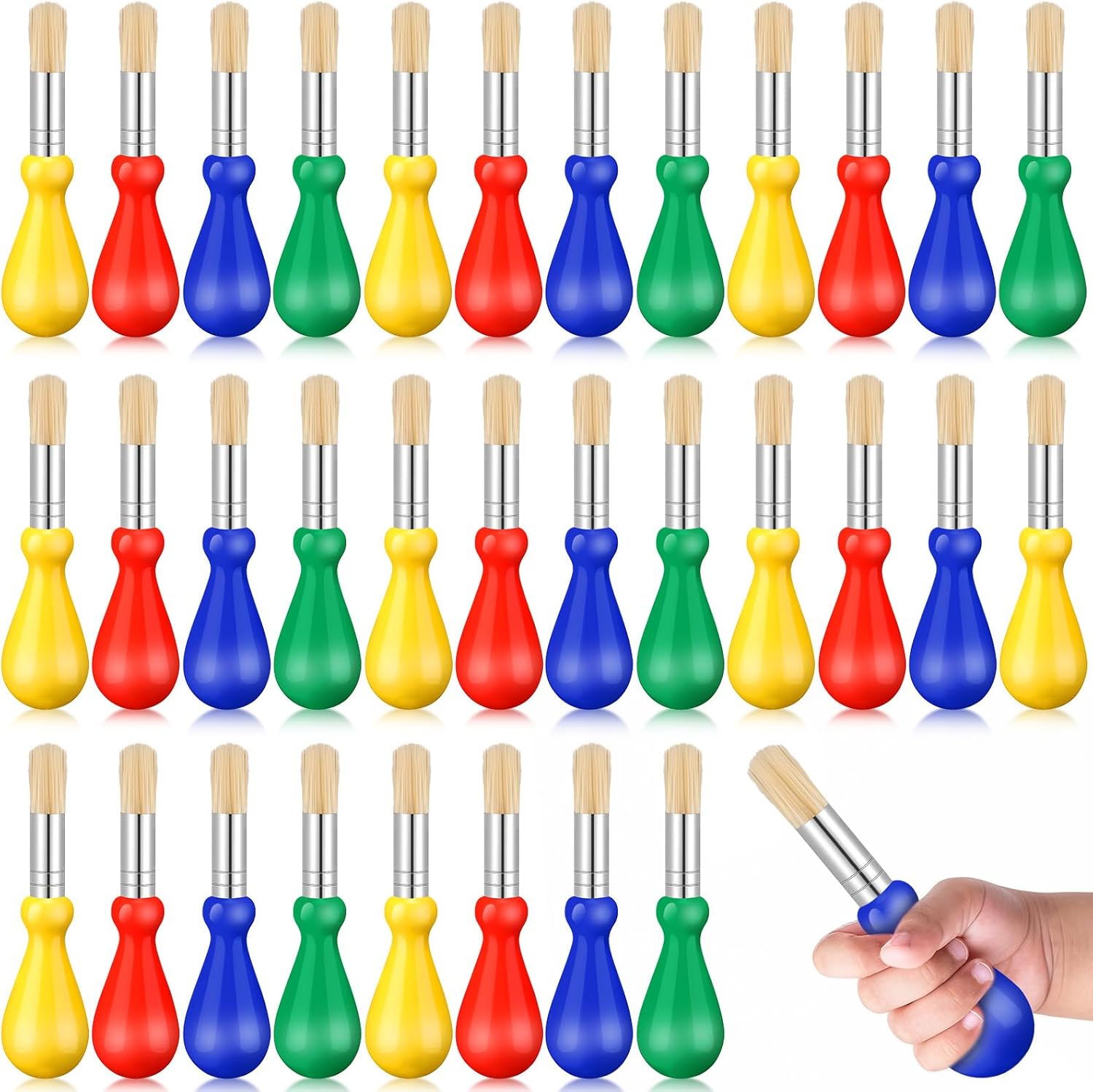 Frienda 36 Pieces Chubby Paint Brushes front view showing bulk set in red blue green and yellow colors